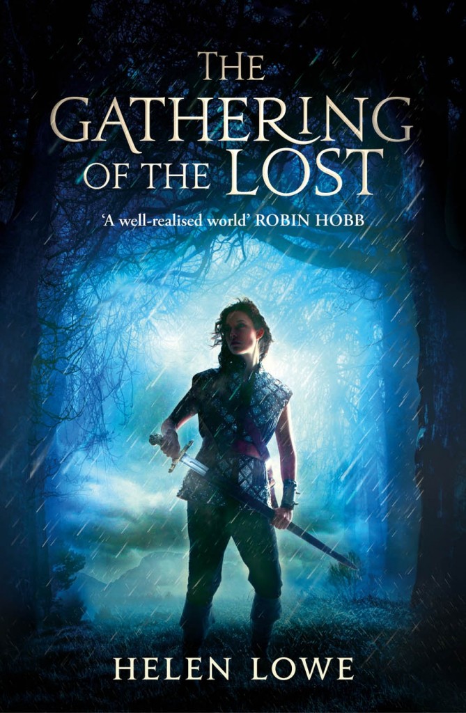 The cover for Helen Lowe's second Wall of Night novel, Gathering of the Lost. Shows a girl standing against a forest background, holding a sword, with the rain beating down and the moon shining through the trees.