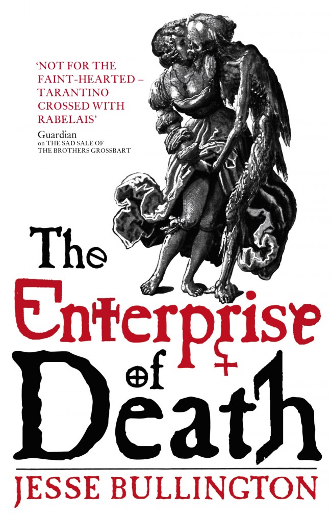 The Enterprise of Death by Jesse Bullington cover - featuring a black and white 'Death and the Maiden' motif by Niklaus Manuel with white background and a red title