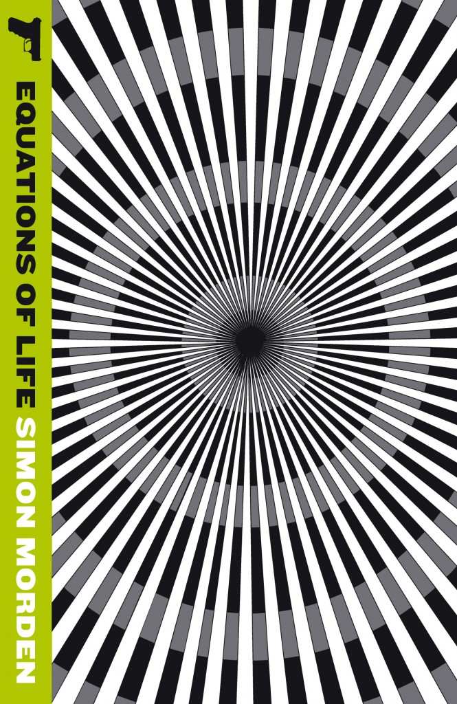 Equations of Life by Simon Morden cover - a black and white spiral optical illusion pattern with lime green spine
