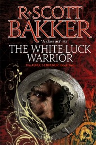 Cover for The White Luck Warrior, a man's face with a red background