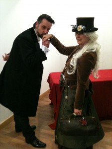 Guests in costume at the Foyles event for Carriger, author of the Parasol Protectorate steampunk urban fantasy series