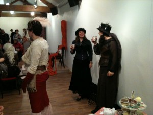 Guests dressed in costume at a Foyles event for Gail Carriger, author of the Parasol Protectorate steampunk urban fantasy series