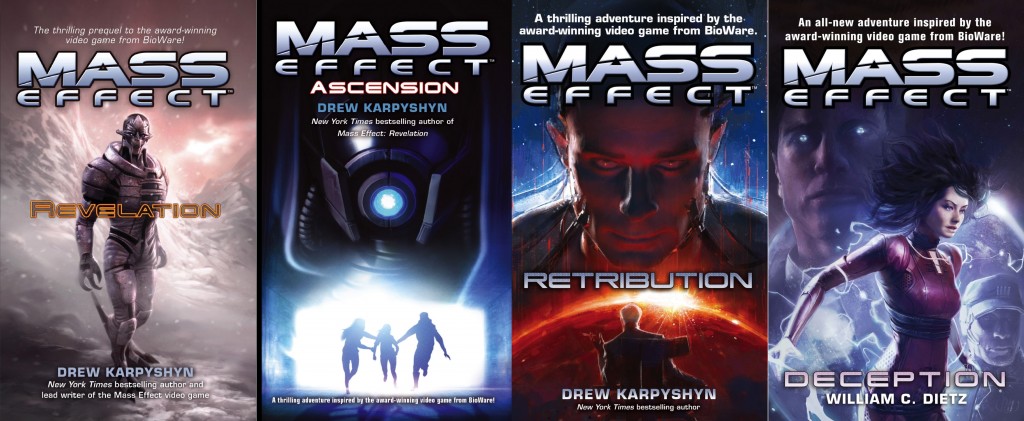 the covers for the four mass effect novels released by Orbit so far