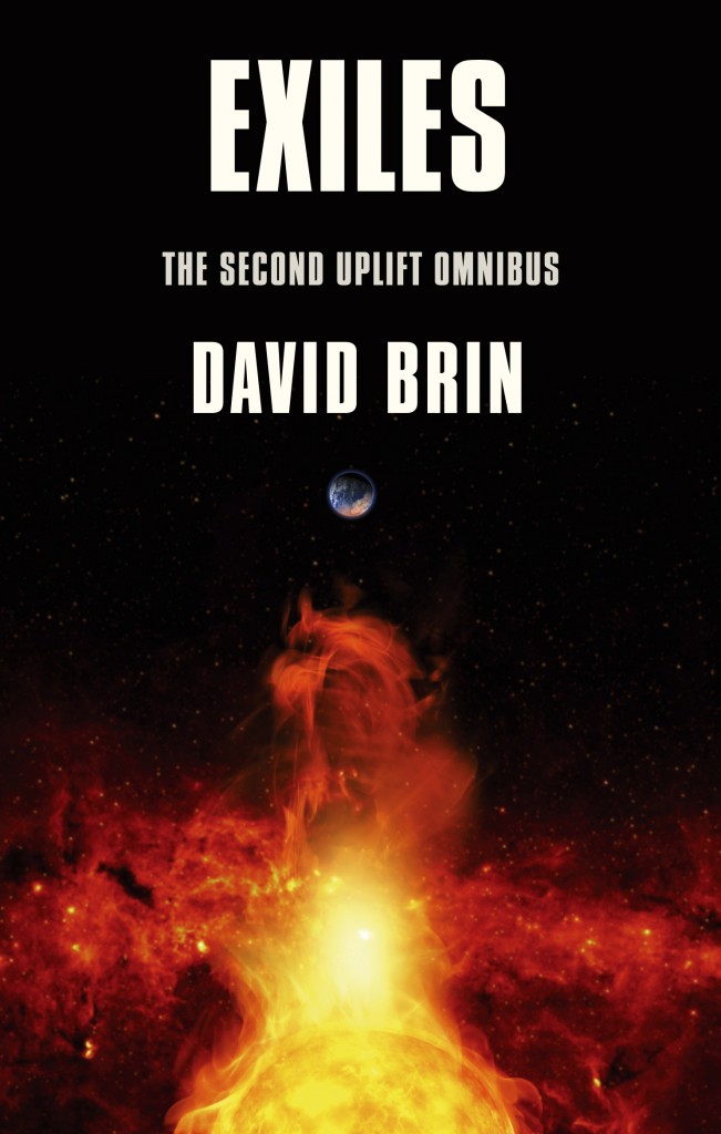 The cover for EXILES: The Second Uplift Trilogy by David Brin (containing BRIGHTNESS REEF, INFINITY'S SHORE and HEAVEN'S REACH)
