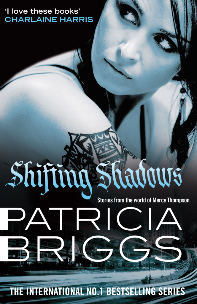 The book cover for SHIFTING SHADOWS, a collection of short stories based in the world of Mercy Thompson, mechanice , shapeshifter and fighter, by Patricia Briggs 