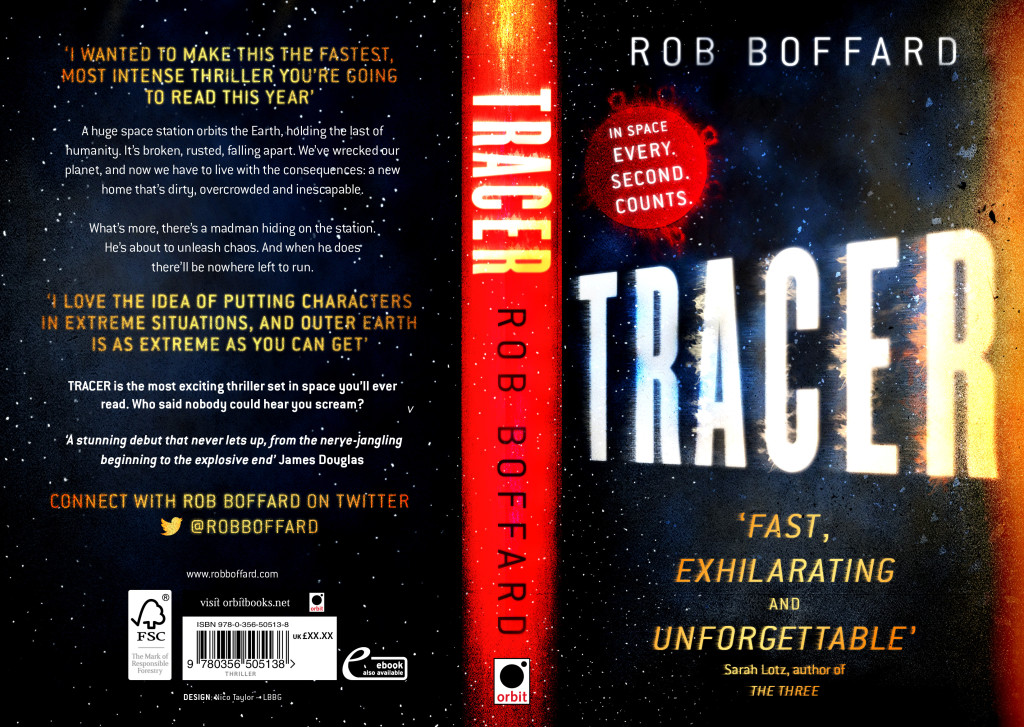 Full cover for TRACER by Rob Boffard, and science fiction thriller set in space