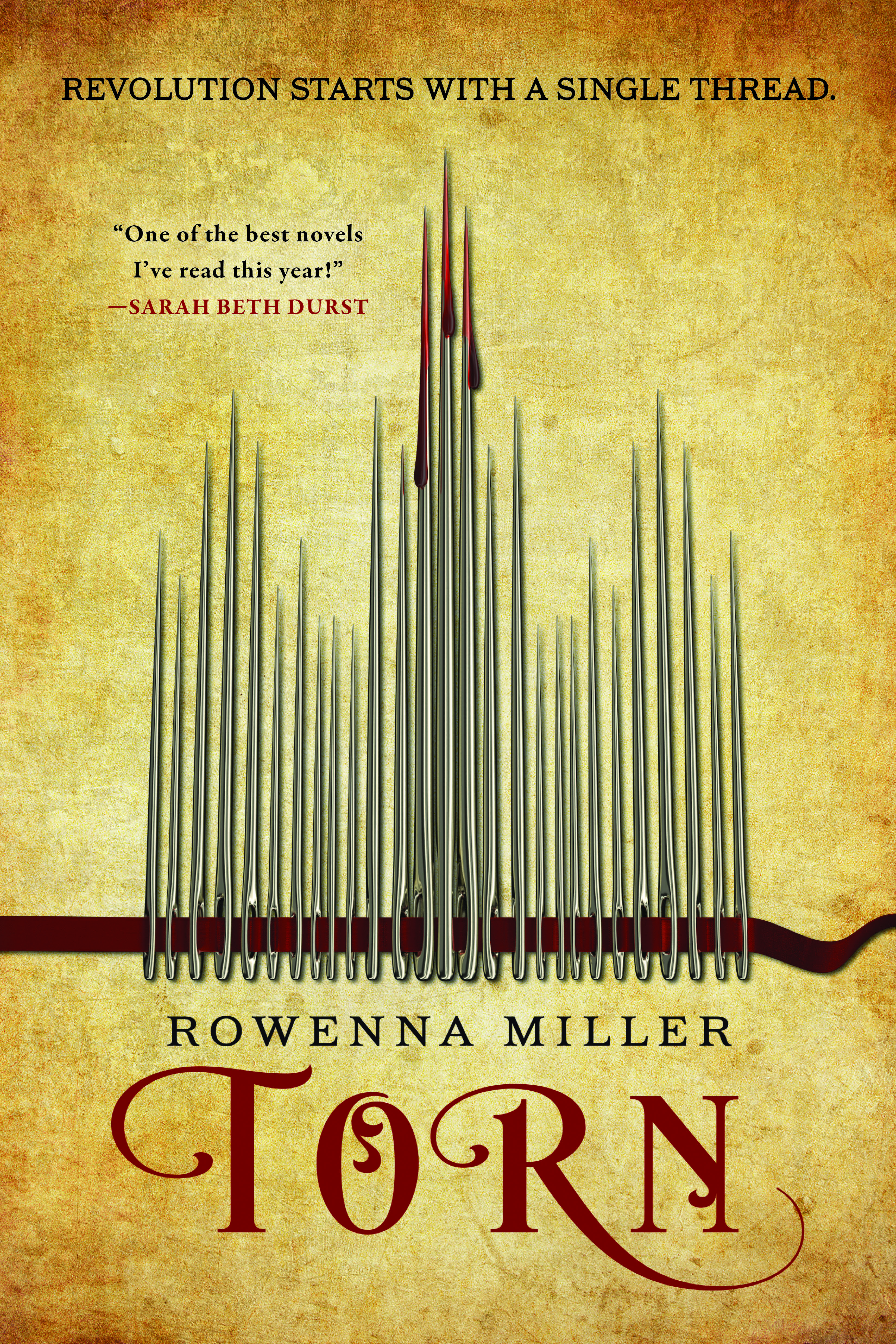 Book cover for Torn by Rowenna Miller. A line of needles are strung together with a red thread to form the silhouette of a city skyline. 