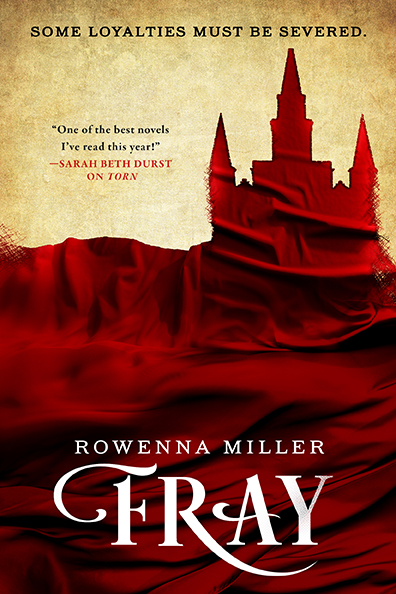 Book cover for Fray by Rowenna Miller. The silhouette of a castle is cut from a pool of red cloth. 