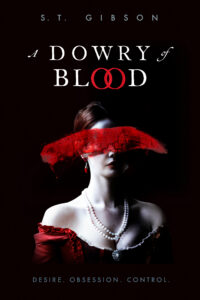 A book cover with a dark background and a woman with a smear of blood across her eyes