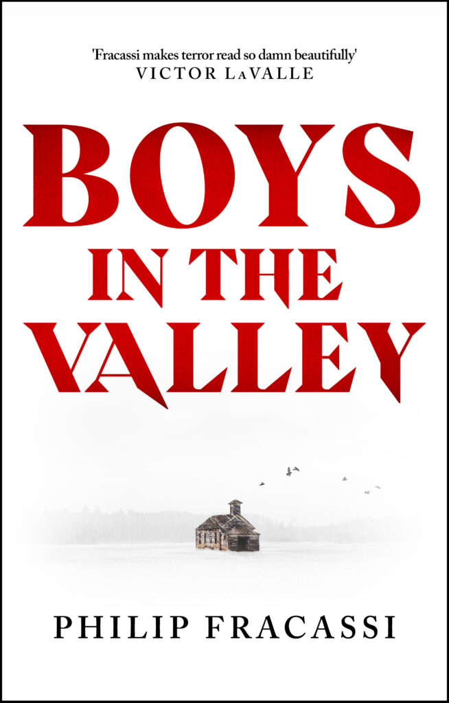Book cover for Boys in the Valley showing a snowy isolated landscape all in white with a house in its centre. The title is in blood red font above the house with the author name below it