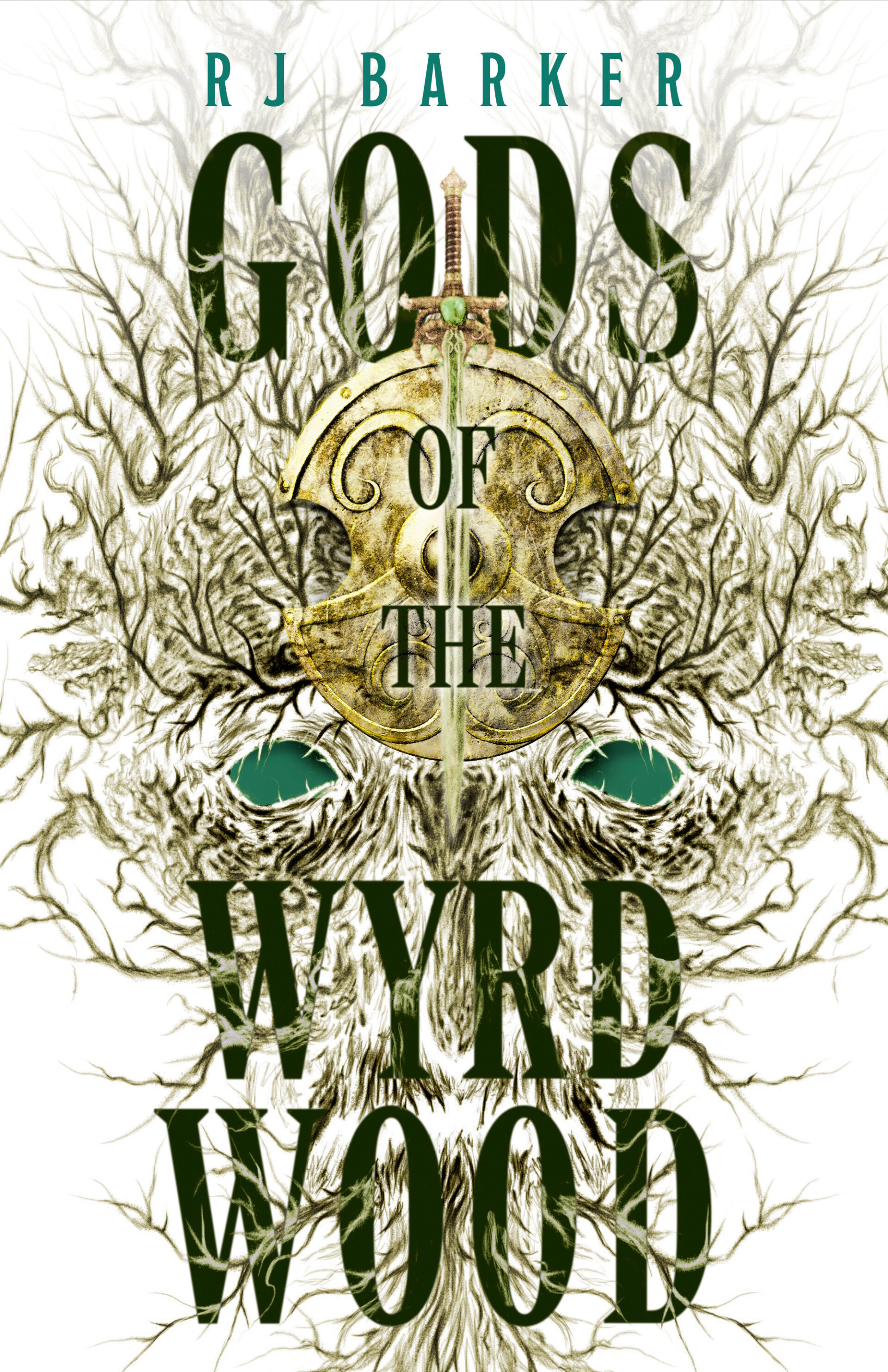 The cover for RJ Barker's fantasy novel GODS OF THE WYRDWOOD shows the author name and title, as well as a woodland pattern, with a rusted sword and shield on top of a knarled and creepy tree design. Eyes lit with green glowing magic peer out from the tree.