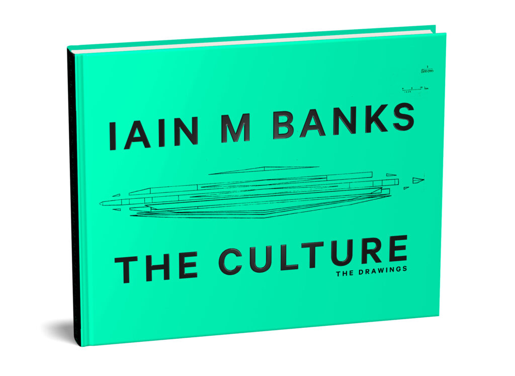 Packshot of The Culture: The Drawings by Iain M. Banks, showing a landscape-format book with green cover and spaceship drawing