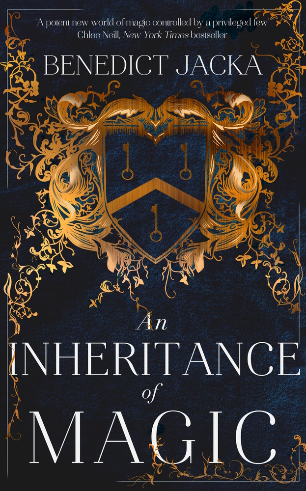 the book cover for An Inheritance of Magic by Benedict Jacka, with heraldry showing a gold shield with three gold keys and gold flourishes underneath, on a dark blue background