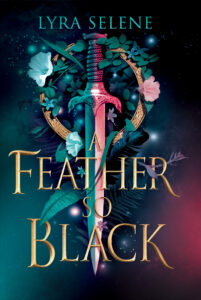 book cover of UK edition of A Feather so Black by Lyra Selene. An ornate dagger with swans carved into the hilt, surrounded by a Celtic circle design and flowers, with a blue, green and dusky pink background